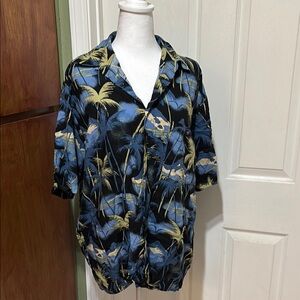 Blue and Black Casual Button Down Shirt with Tropical Print